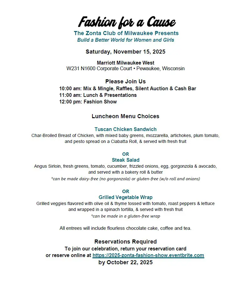 Fashion charity event flyer with menu details.