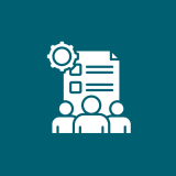 Three figures with document and gear icon.