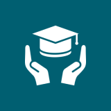 Graduation cap with hands on teal background.