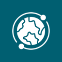 Stylized globe with orbiting lines and dots.