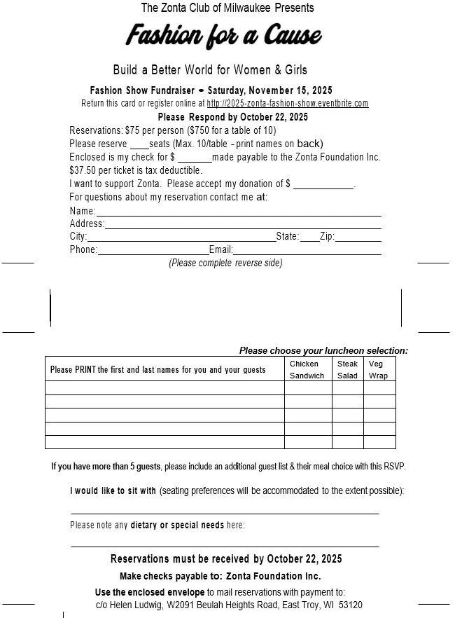 Fashion show fundraiser invitation and RSVP form.